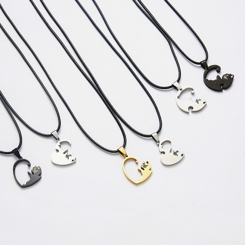 NL0055 Love Patchwork Black Cat Couple Necklace with Black Chain