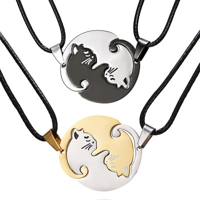 NL0056 Circle Patchwork Black Cat Couple Necklace with Black Chain