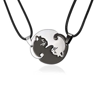 NL0056 Circle Patchwork Black Cat Couple Necklace with Black Chain