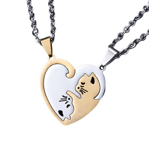 NL0055 Love Patchwork Gold Cat Couple Necklace with Silver Chain