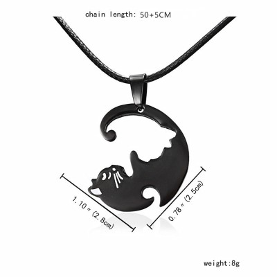 NL0056 Circle Patchwork Black Cat Couple Necklace with Silver Chain