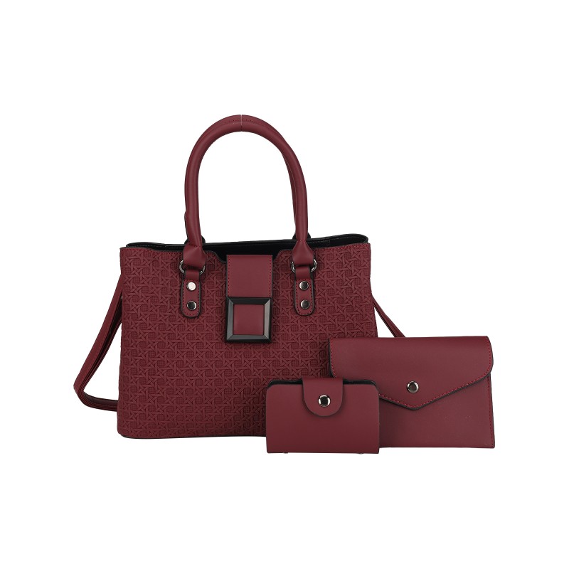 CT44945 RED Urban Chic PU Leather Diamond Pattern Three-Piece Bag Set