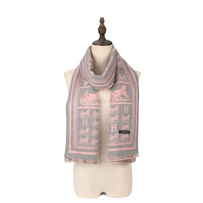 SF1504-GREY Cashmere Scarf With Horse-Drawn Carriage Pattern