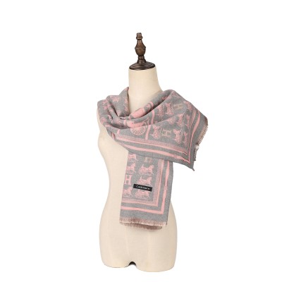 SF1504-GREY Cashmere Scarf With Horse-Drawn Carriage Pattern
