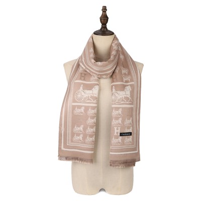 SF1504-KHAKI Cashmere Scarf With Horse-Drawn Carriage Pattern