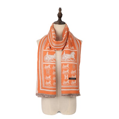 SF1504-ORANGE Cashmere Scarf With Horse-Drawn Carriage Pattern