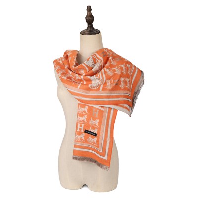 SF1504-ORANGE Cashmere Scarf With Horse-Drawn Carriage Pattern