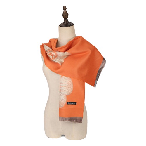 SF1505-ORANGE Large Floral Design Cashmere Scarf