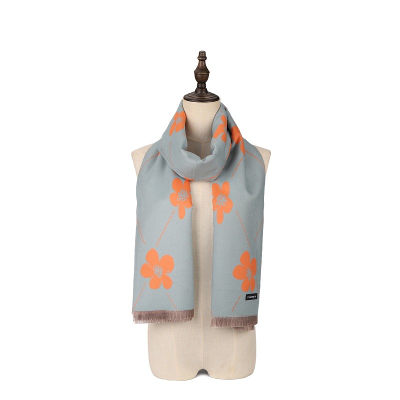 SF1509-BLUE Cashmere Scarf With Floral Pattern