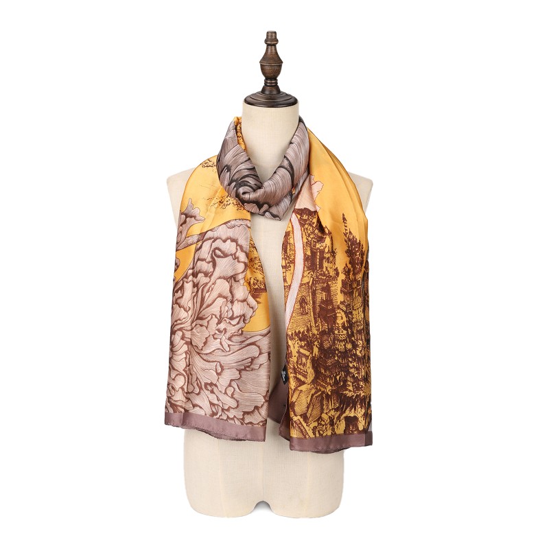 SF1578-YELLOW Flowers and Town Pattern Scarf
