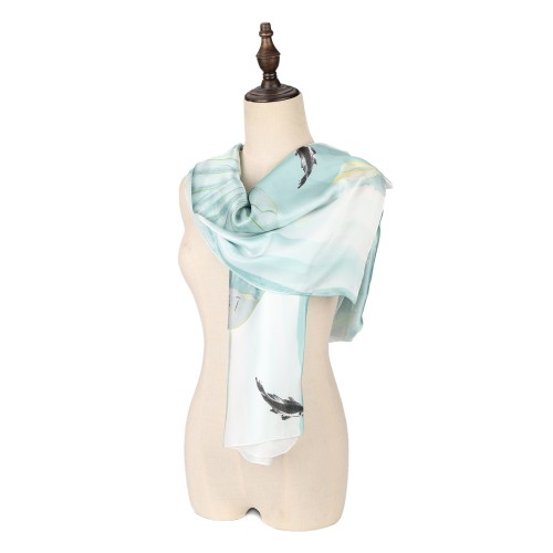 SF1580-GREEN Koi and Lotus Leaves Pattern Scarf