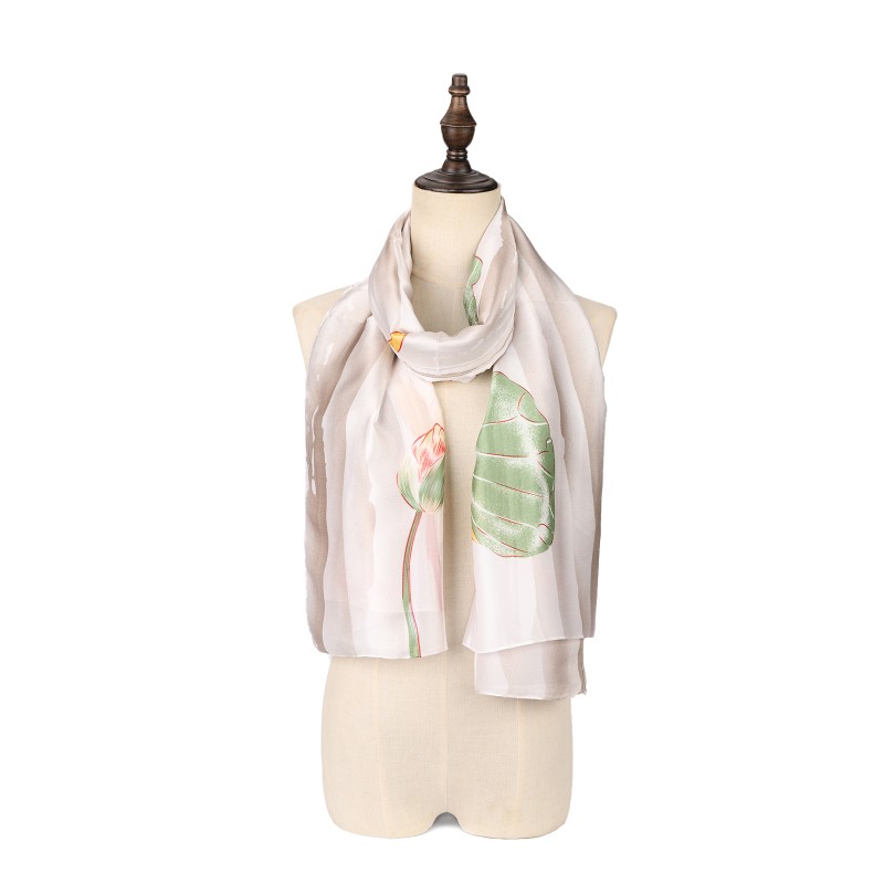 SF1580-YELLOW Koi and Lotus Leaves Pattern Scarf