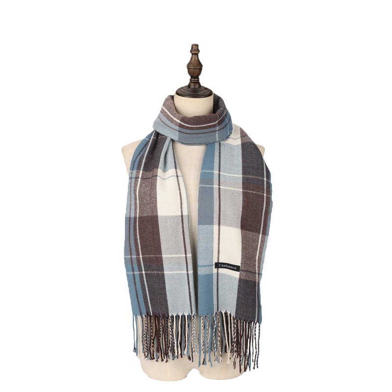 SF1618-BLUE Contrasting Striped Plaid Warm Cashmere Scarf