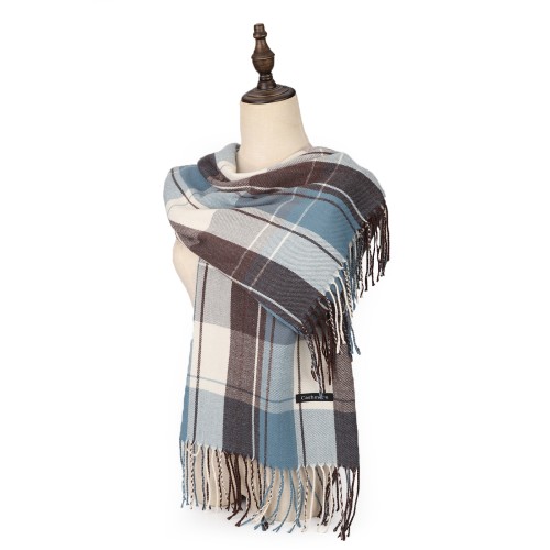 SF1618-BLUE Contrasting Striped Plaid Warm Cashmere Scarf