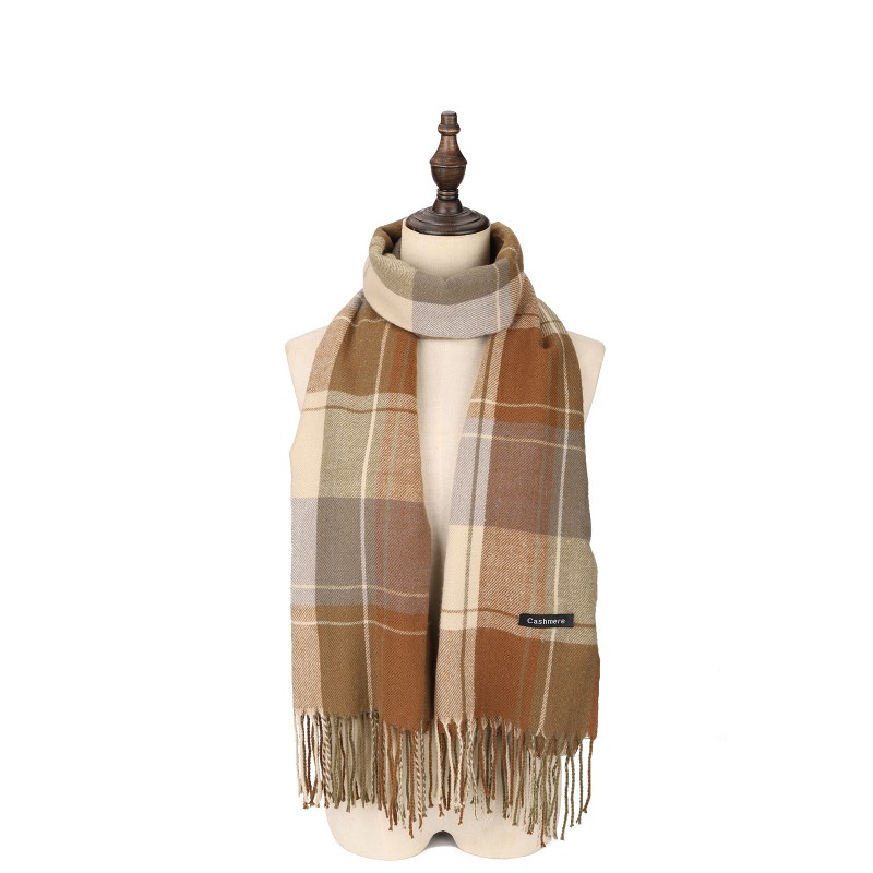 SF1618-KHAKI Contrasting Striped Plaid Warm Cashmere Scarf
