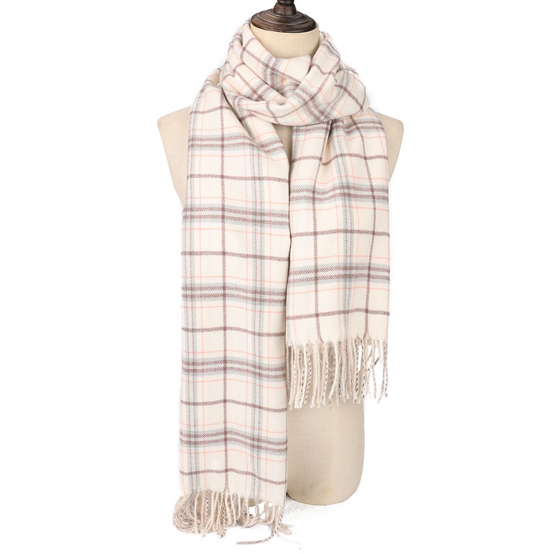 SF1619-WHITE Plaid Striped Warm Cashmere Scarf