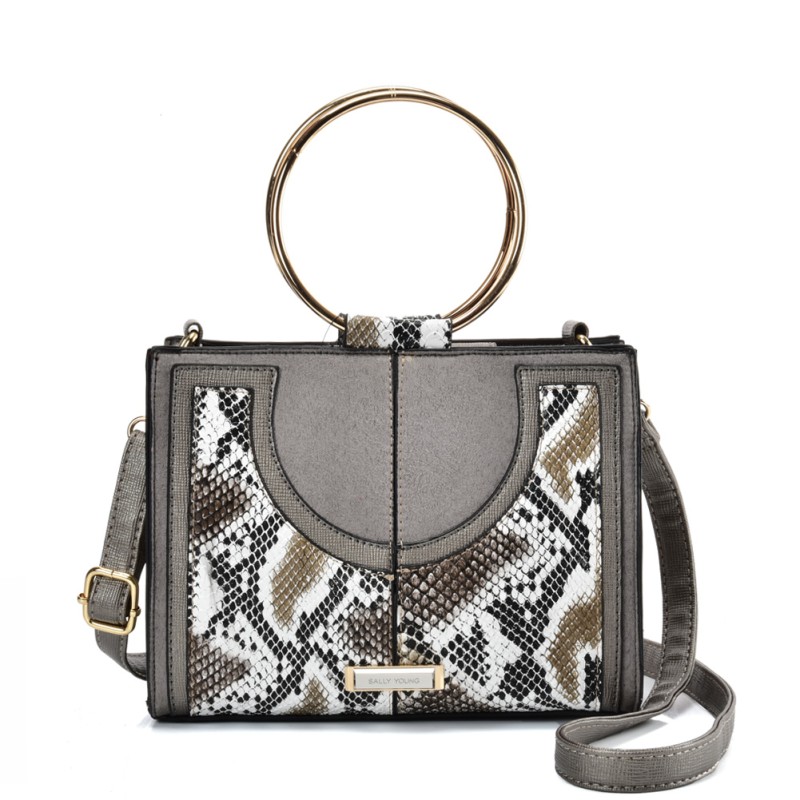 SY2175 GREY - Generous Snakeskin Bag With Ring Handle