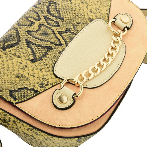 SY2207 BEIGE - Leather Saddle Bag With Hardware Ring Chain Decoration