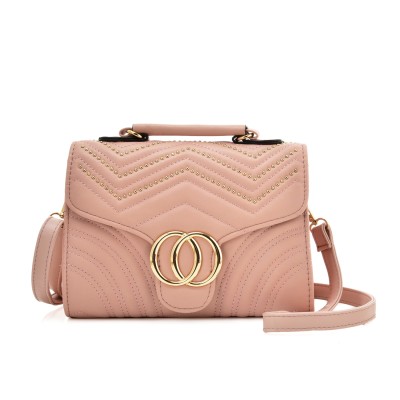 VK5611-PINK - Pure color Handbag With Flap and V-shaped Studs Design