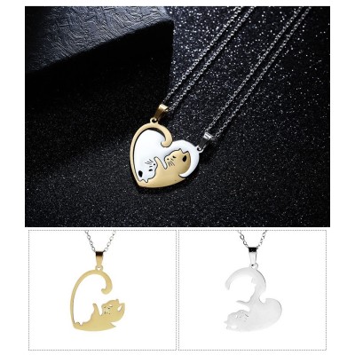 NL0055 Love Patchwork Gold Cat Couple Necklace with Gold Chain NL0055 Love Patchwork Gold Cat Couple Necklace with Gold Chain