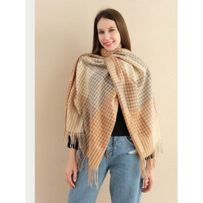 SF1255-CAMEL Newest Fashion Scarf Checkered With Tassel Ends